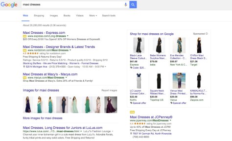 Вот как выглядит первая страница Google для вашего основного термина «макси платья»: